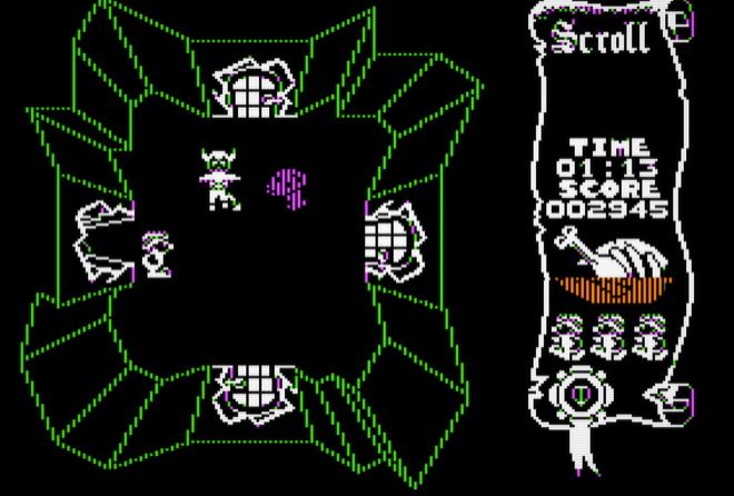 A green cavern in the Apple II port with the Devil standing in the middle and a magenta mushroom beside him; the panel shows the roast chicken nearly eaten away