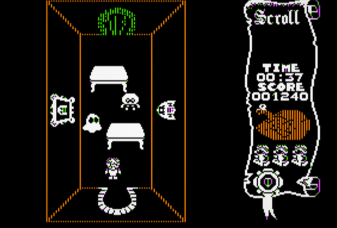 A tall orange-walled room in the Apple II port with two tables, a ghost and a spider, and the serf standing at the bottom