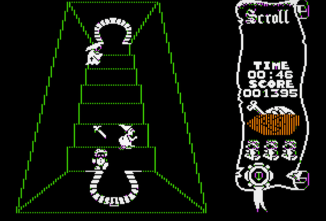 A green staircase room in the Apple II port, with doorways at the top and bottom and the player part way up the steps