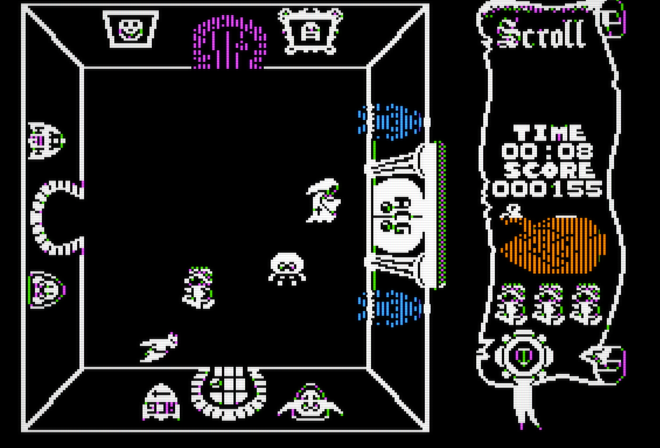 A white-walled room in the Apple II port: a skull, a ghoul and a spider, wall shields and a portrait, a magenta arch, and the panel showing a full roast chicken