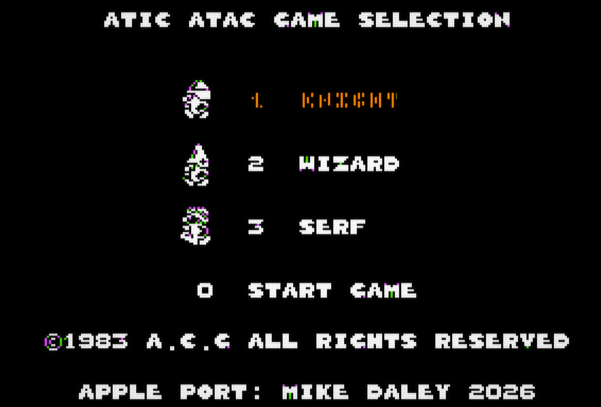 The Apple II character selection screen: ATIC ATAC GAME SELECTION, with sprites for 1 Knight, 2 Wizard and 3 Serf, 0 to start, and the 1983 A.C.G. copyright line