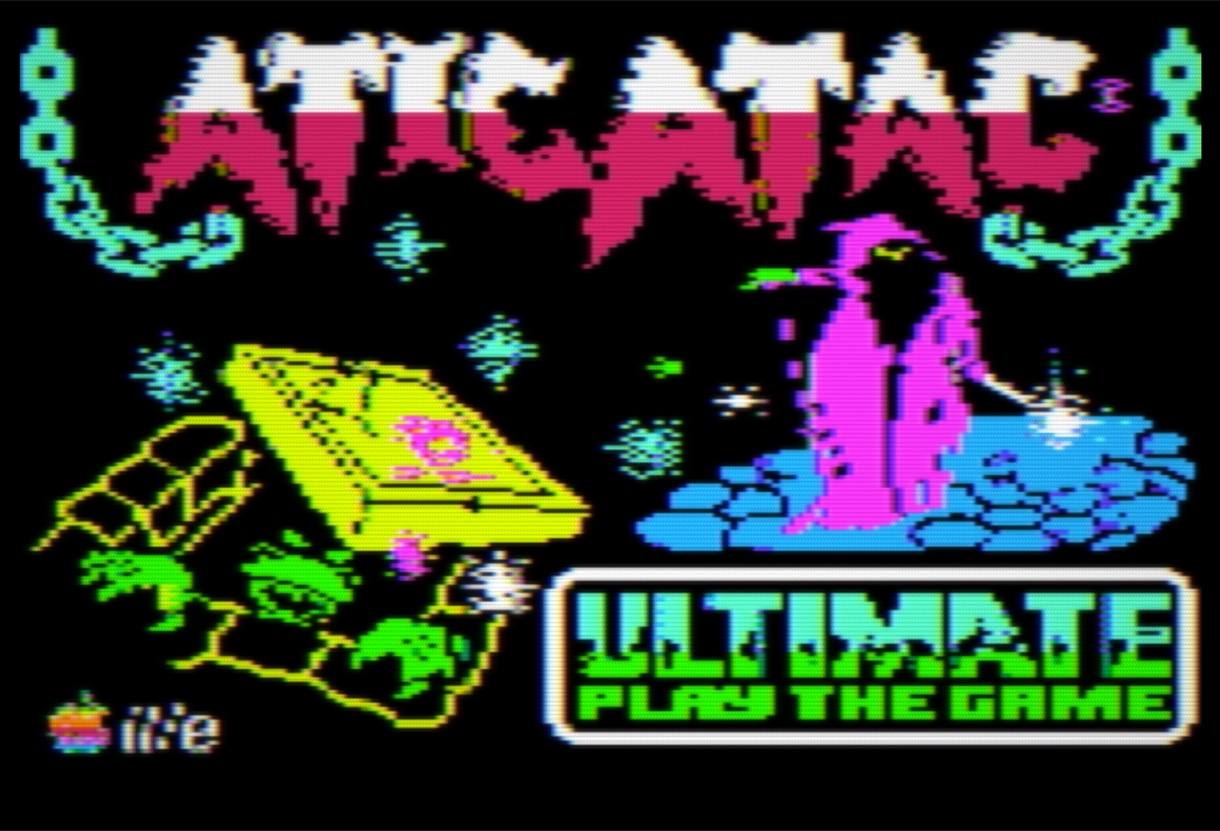 The Aticatac loading screen on the Apple II: the chained ATICATAC lettering, a magenta wizard standing in blue water, a treasure chest, the Apple //e mark, and the Ultimate Play the Game logo