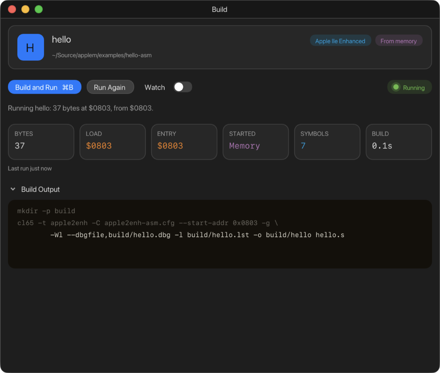 The Build window: the hello project built and running, 37 bytes loaded at $0803, with the cl65 command in the build output