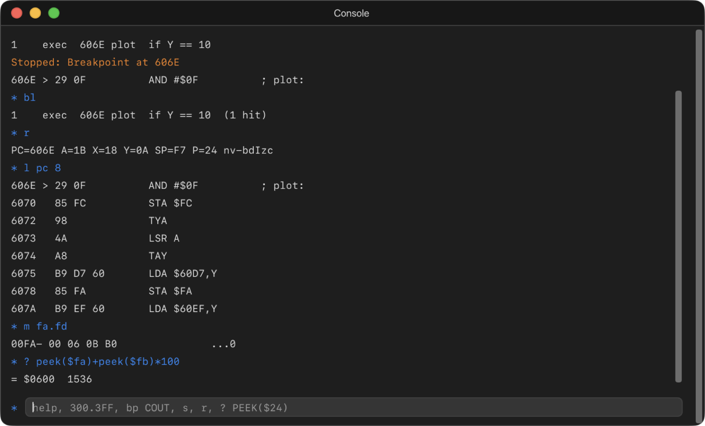 The Console, stopped at a breakpoint, with Monitor-style commands and their output