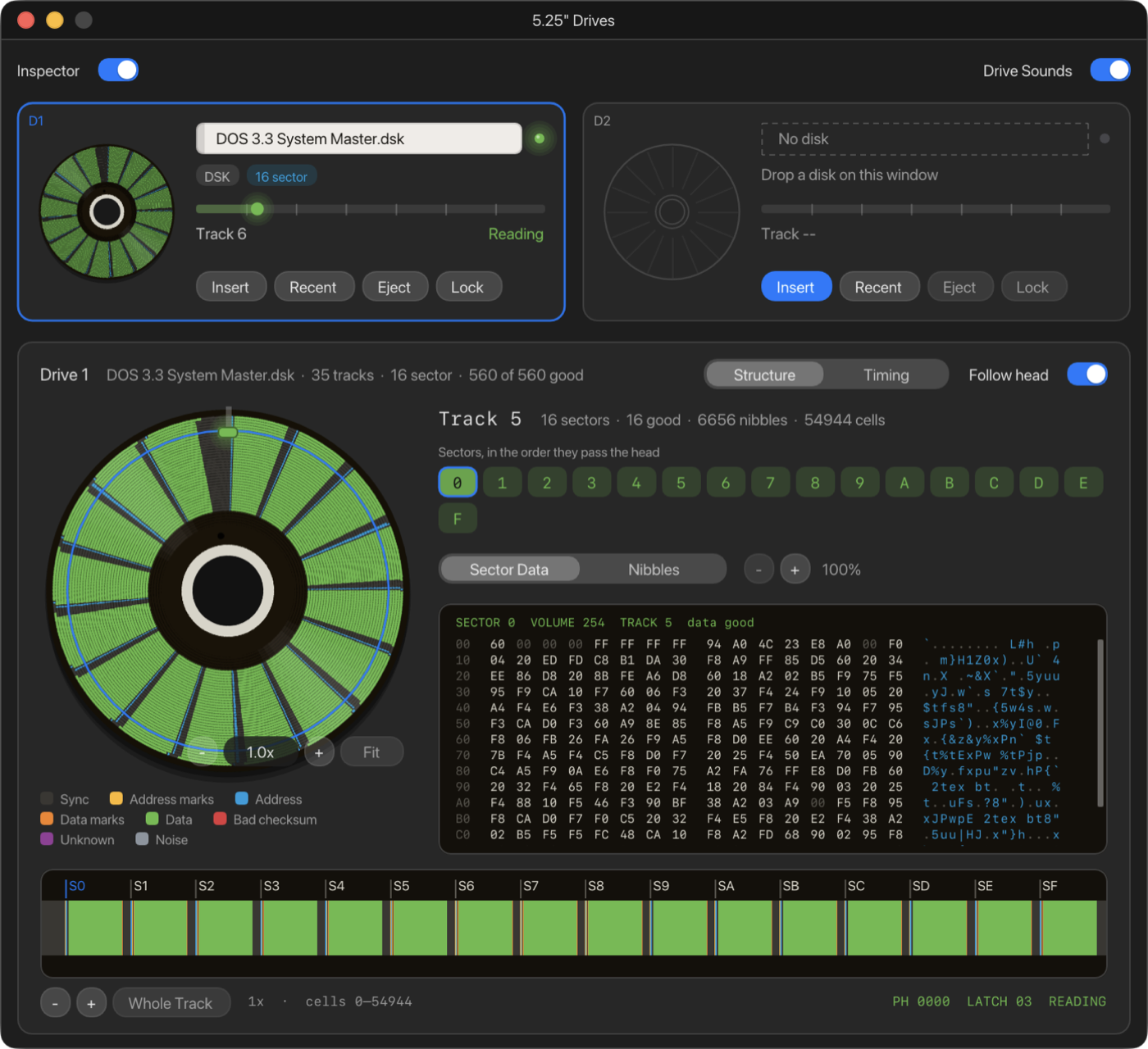 The 5.25-inch Drives window with the Disk Inspector open: DOS 3.3 System Master in drive one, its tracks drawn as green rings on a disk, track 5's sixteen sectors listed and sector 0 shown as hex