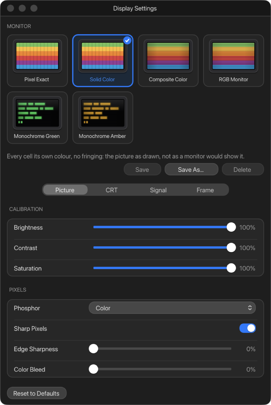 The Display Settings window: six monitor types as thumbnails, Solid Color chosen, with calibration sliders for brightness, contrast and saturation