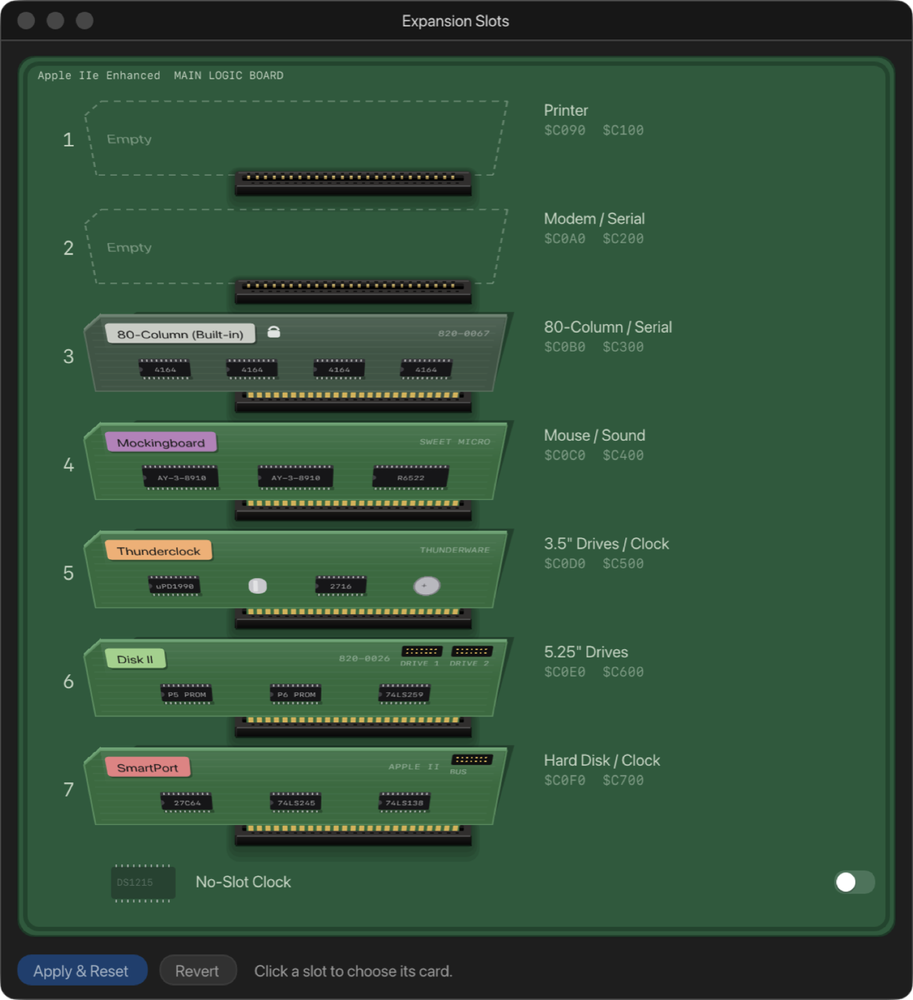 The Expansion Slots window: a green logic board with slots 1 to 7, the 80-column card, Mockingboard, Thunderclock, Disk II and SmartPort cards drawn standing in their connectors