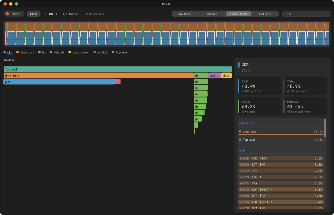 The Profiler's flame graph: draw_bars calling plot, fib and wait_vbl, with a timeline of frames above and plot's self time, calls and hottest instructions beside it