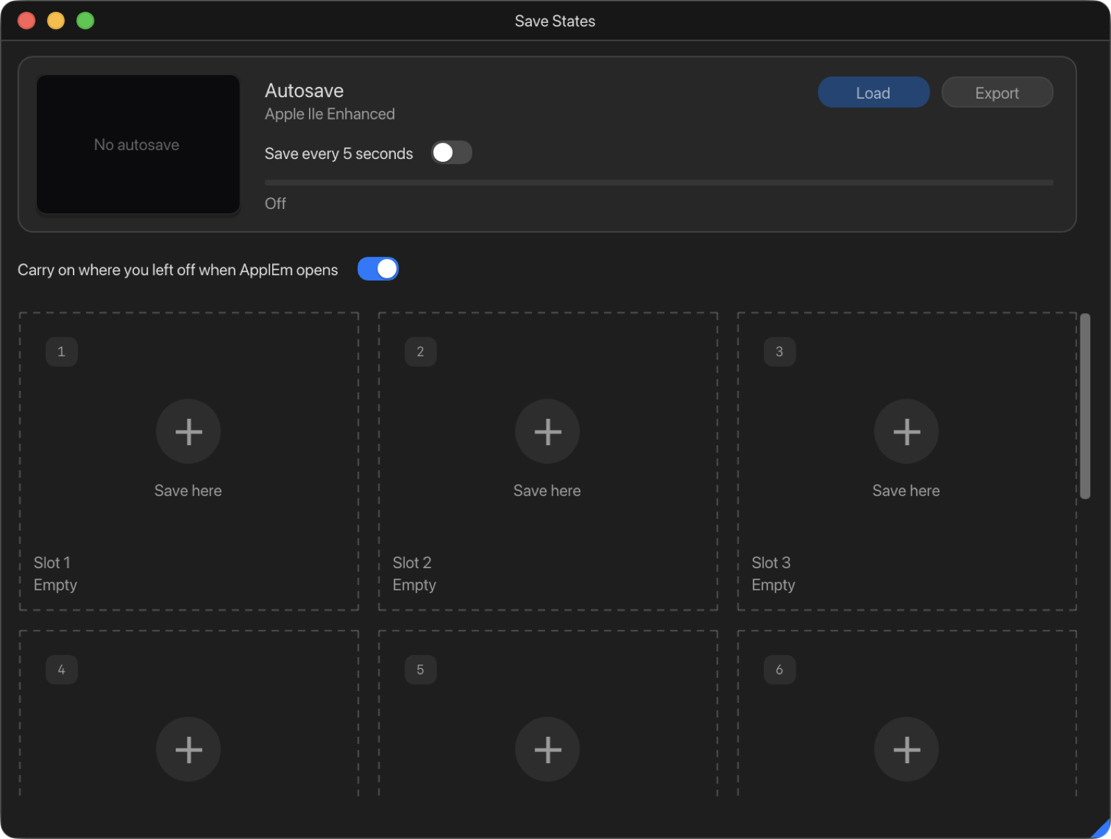 The Save States window: the autosave and numbered slots