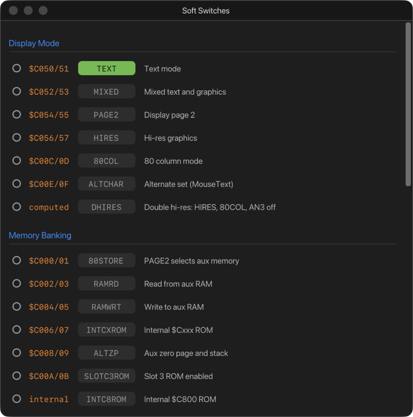 The Soft Switches window listing the machine's switches and their states